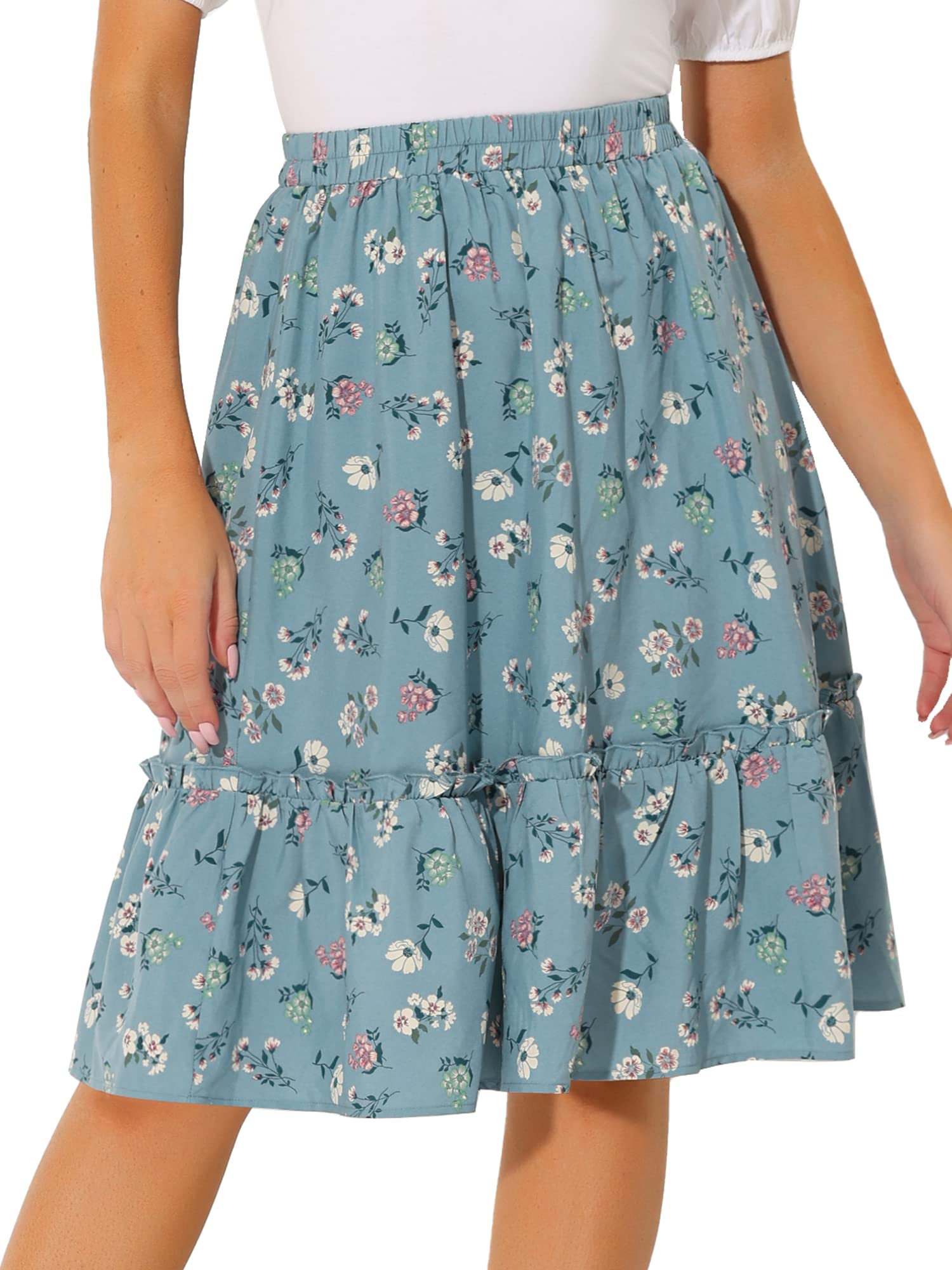 Allegra K Damen Sommer Rüschen Rock Saum Blumen A-Linie Hohe Taille Knielang Midirock
