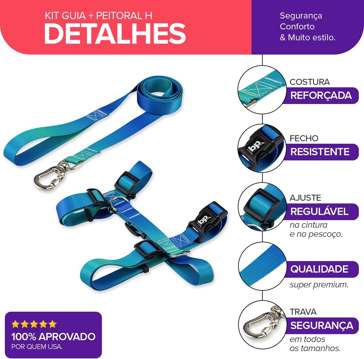 Coleira Peitoral Com Guia Para Cachorro Cães Modelo Tradicional H Tamanho Porte Grande Médio Pequeno (M, Lake)