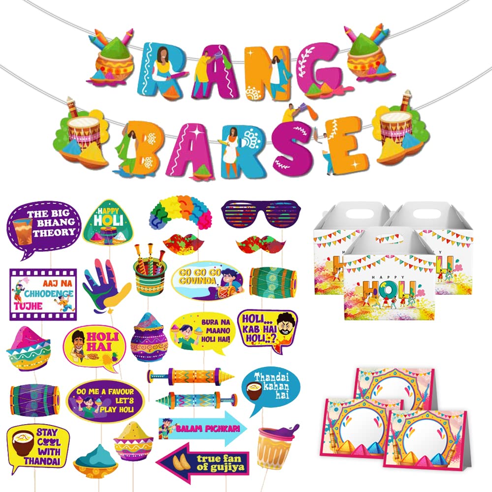Festiko® Holi Decoration Combo (Set of 48 Pcs) - 1 Pc Rang Barse Holi Banner, 27 Pcs Holi Photobooth Props, 10 Pcs Holi Goodie Boxes, 10 Pcs Holi Food Tags, Happy Holi Decorations, Holi Party Supplies