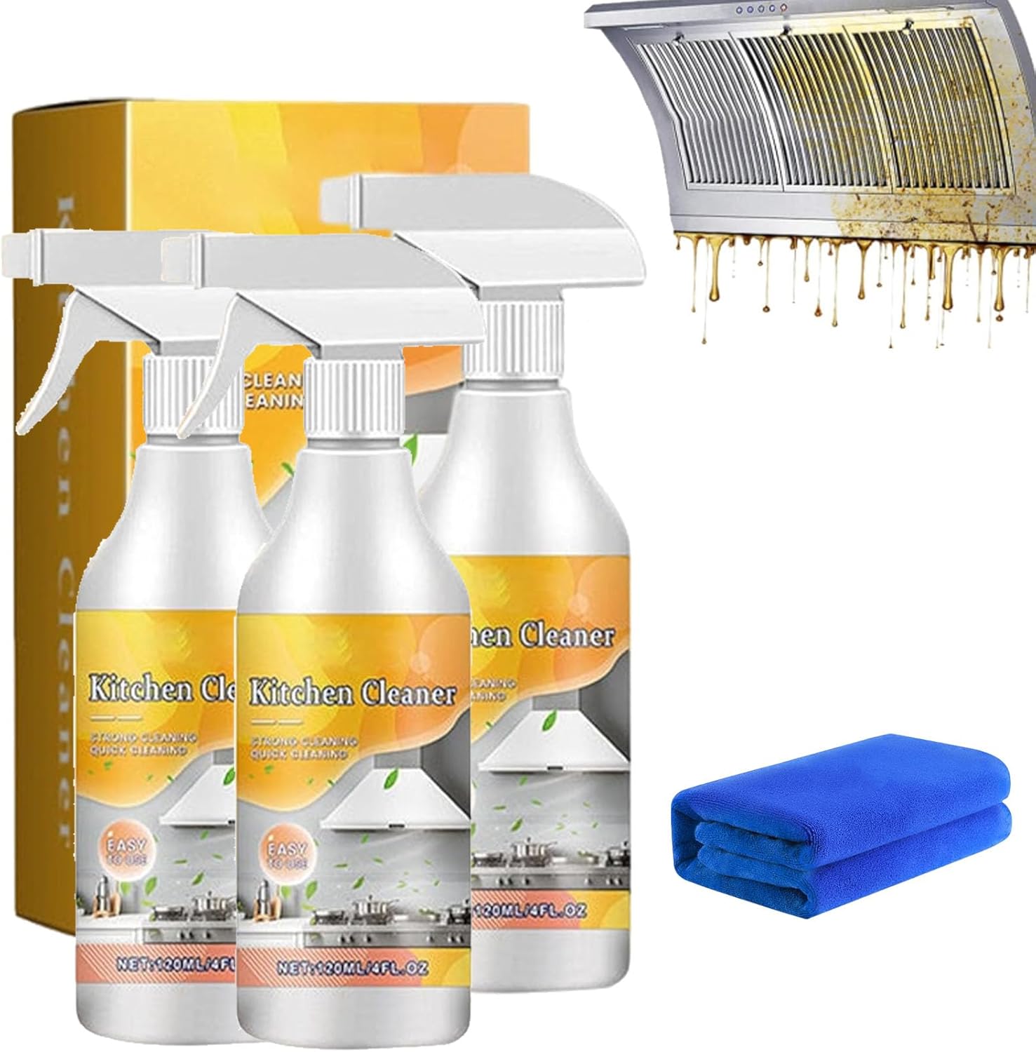 Effective Kitchen Degreaser Cleaner Spray, 120ml Heavy Oil Stain Cleaner Kitchen, All Purpose Fast-Acting Powerful Oven & Grill Foam Cleaner, for Countertops, Ovens and Appliances (3pcs)