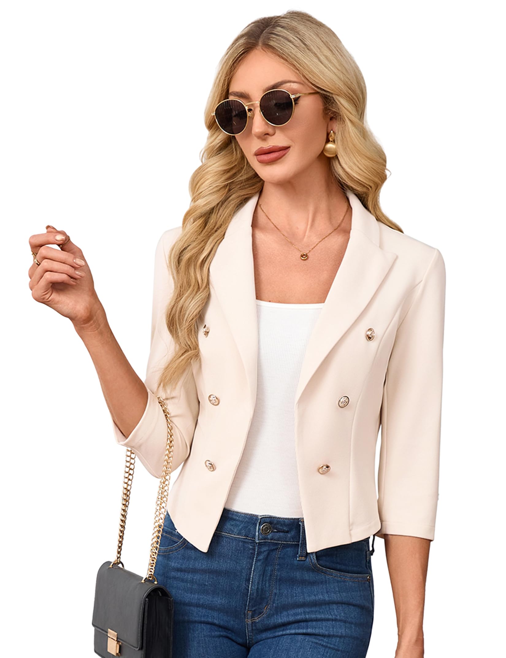 Damen Kurz Blazer 3/4 Ärmel Reverskragen Cardigan Business Bolero Open Front(Verpackung MEHRWEG)