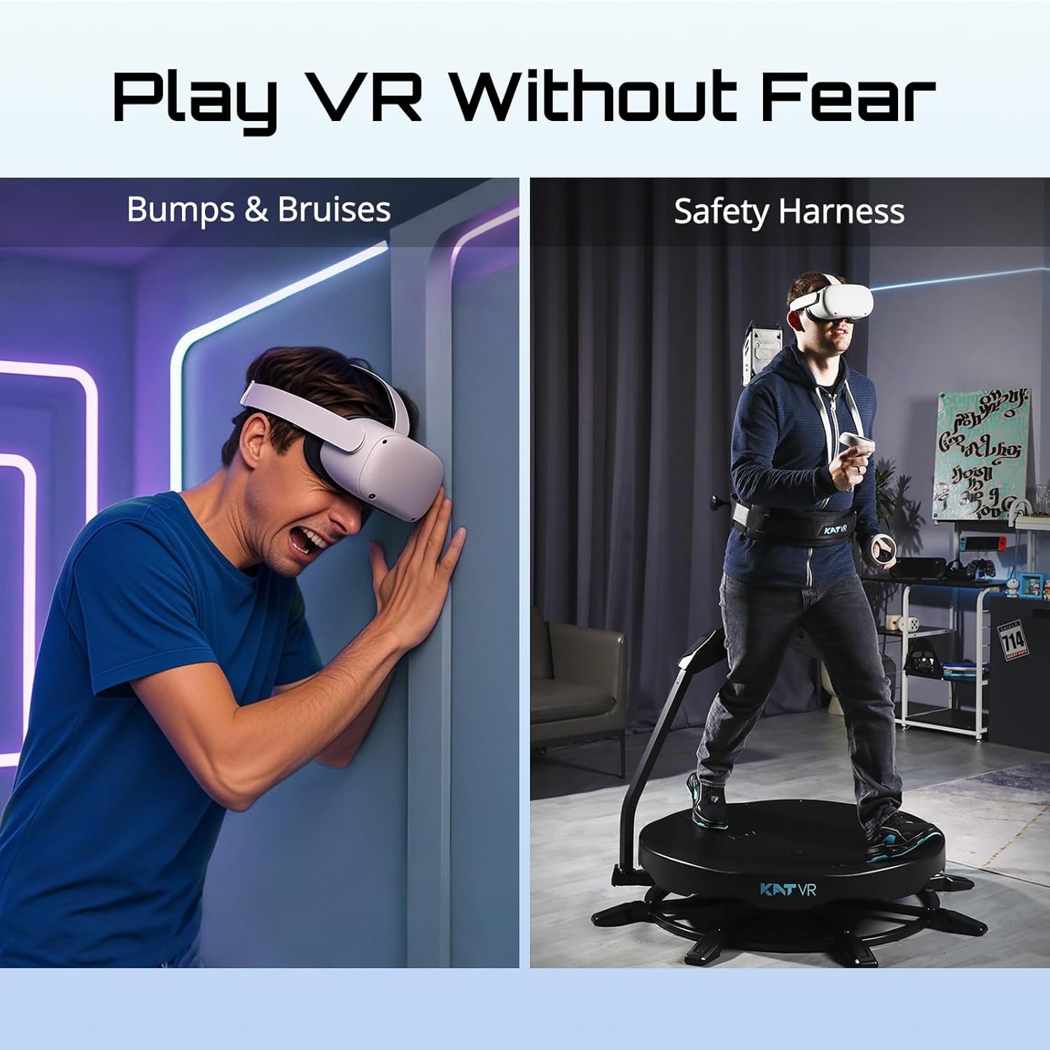 User wearing VR headset and safety harness on KAT Walk C2 CORE, contrasting with a user bumping into a wall without the device.