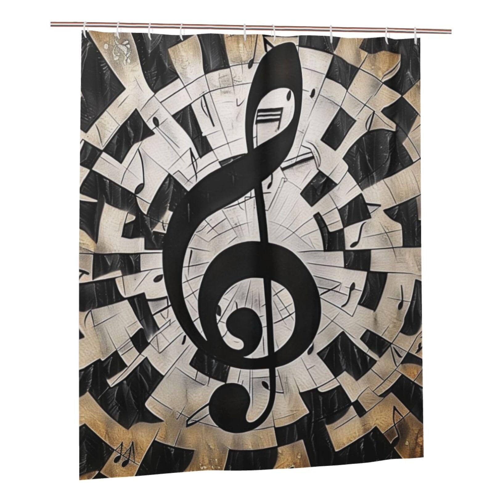 BWWHCCTI Musical Theme Music Clefs Printed Shower Curtain With 12 Plastic Hooks Opaque Quick Drying Waterproof Shower Curtains Sets For Bathroom 152x183 Cm