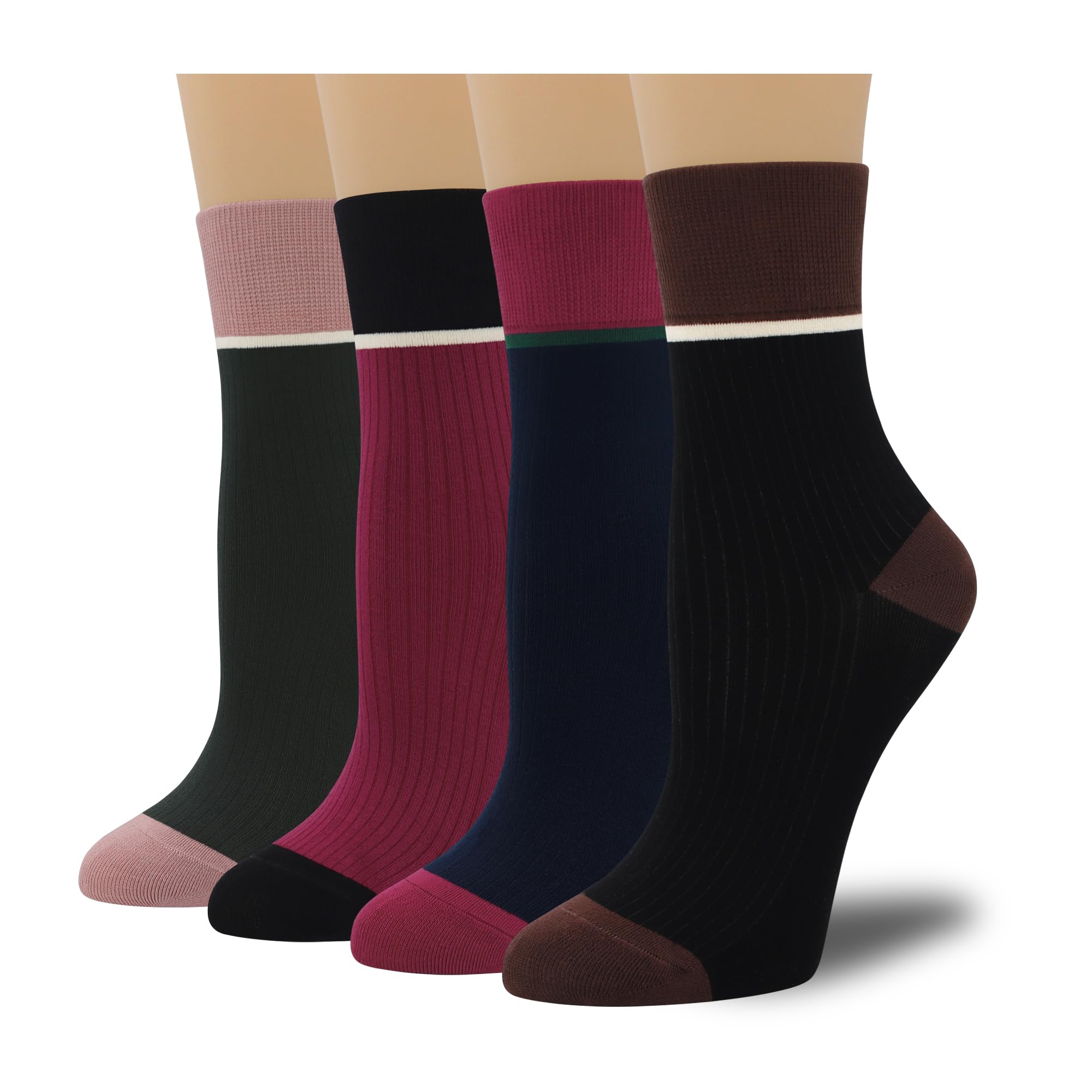 4 Pairs Fashion Colorful Combed Cotton Thin Ankle Crew Socks for Women, Striped Casual Soft Cute Vintage Colorblock Sock