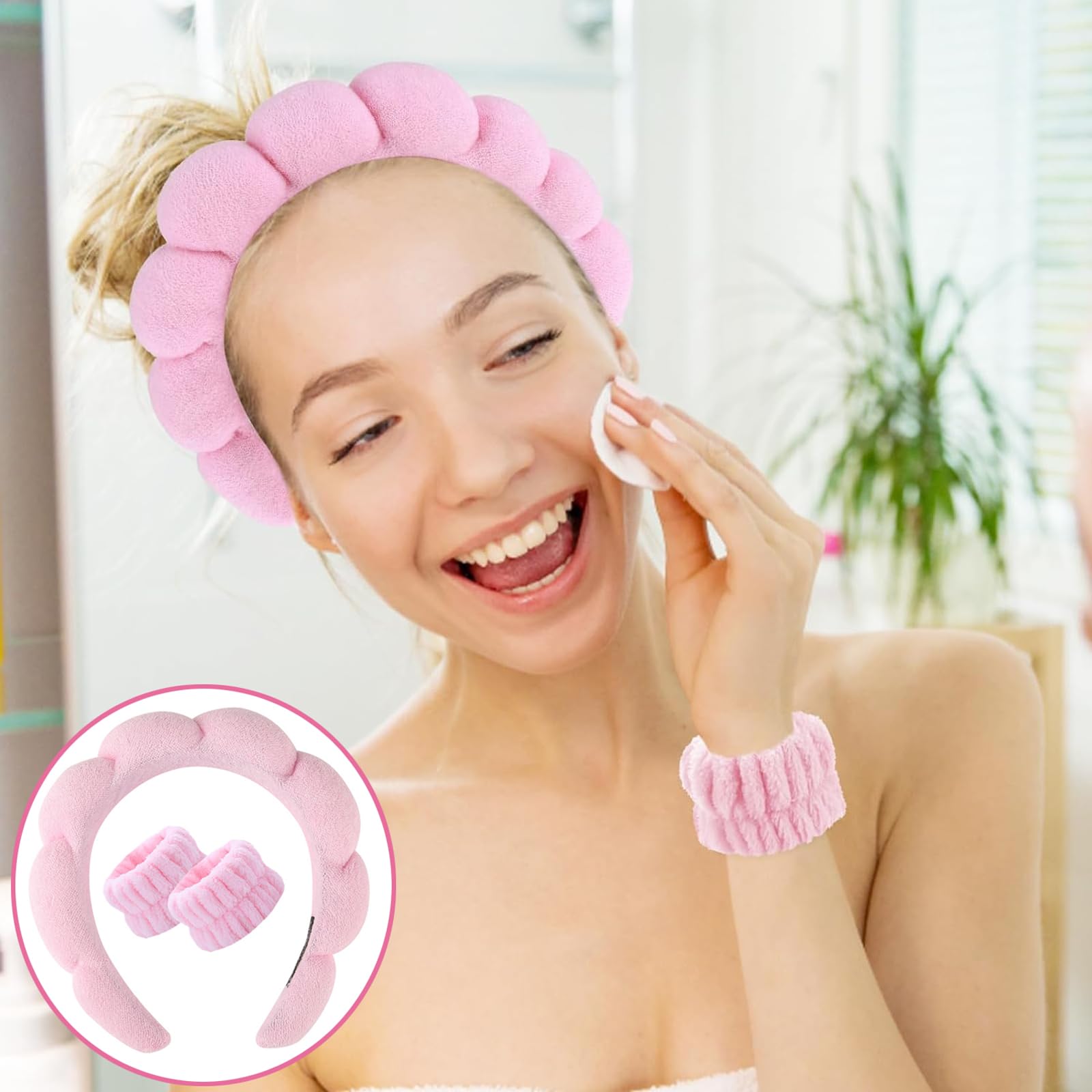 JCKD 2 Pezzi Spa Fascia per Capelli da Donna, Fascia Morbida per in Spugna, Fascia per Trucco, Cerchietto Skincare, per Lavaggio Viso, Cura Della Pelle, Struccante, Doccia, Yoga (Nero, Rosa