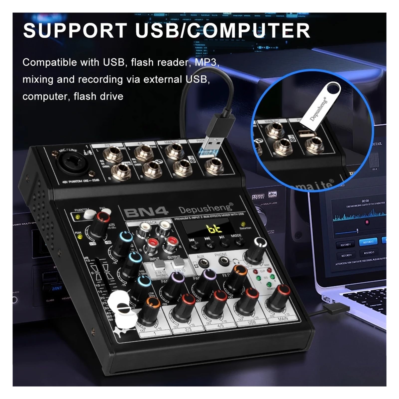 Mixer audio BN4 Professional 5 canali DJ Mixing Console con scheda audio 48V Phantom Power PC per la registrazione (D Taglia unica)