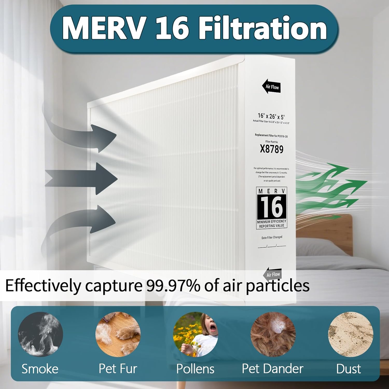 X8789 Filter 16x26x5 MERV 16 Compatible with lennox x8789 filter merv 16 and PureAir PCO16-28 Air Cleaner. Fit 16x26x5 Furnace Filter 2 Packs