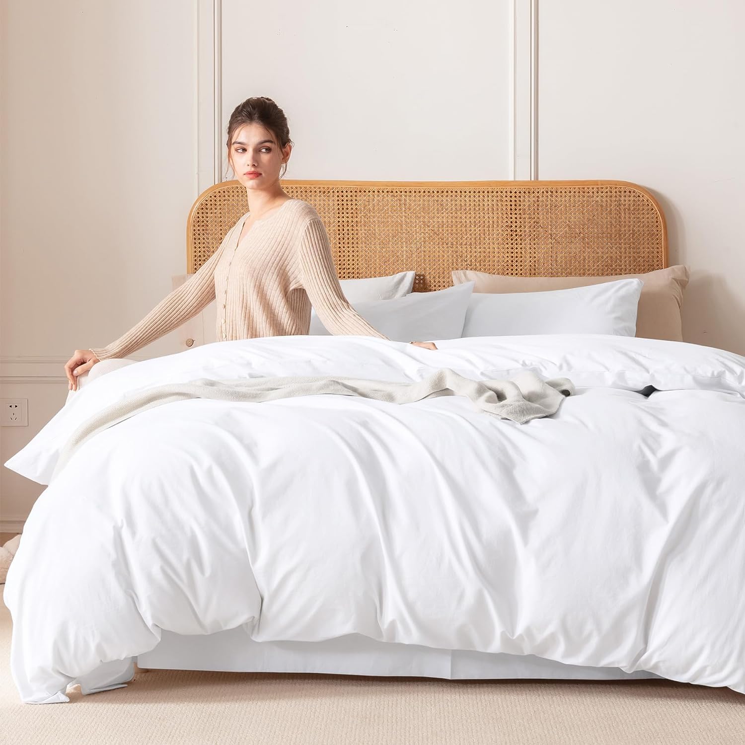 Sofrito by Comfi Cotton Highly Breathable 100% Natural Cotton Duvet/Comforter Cover - Plain Percale 400 TC with Solid Zipper Closer & Four Corner Ties (Double - 92"x102") - White-image-47