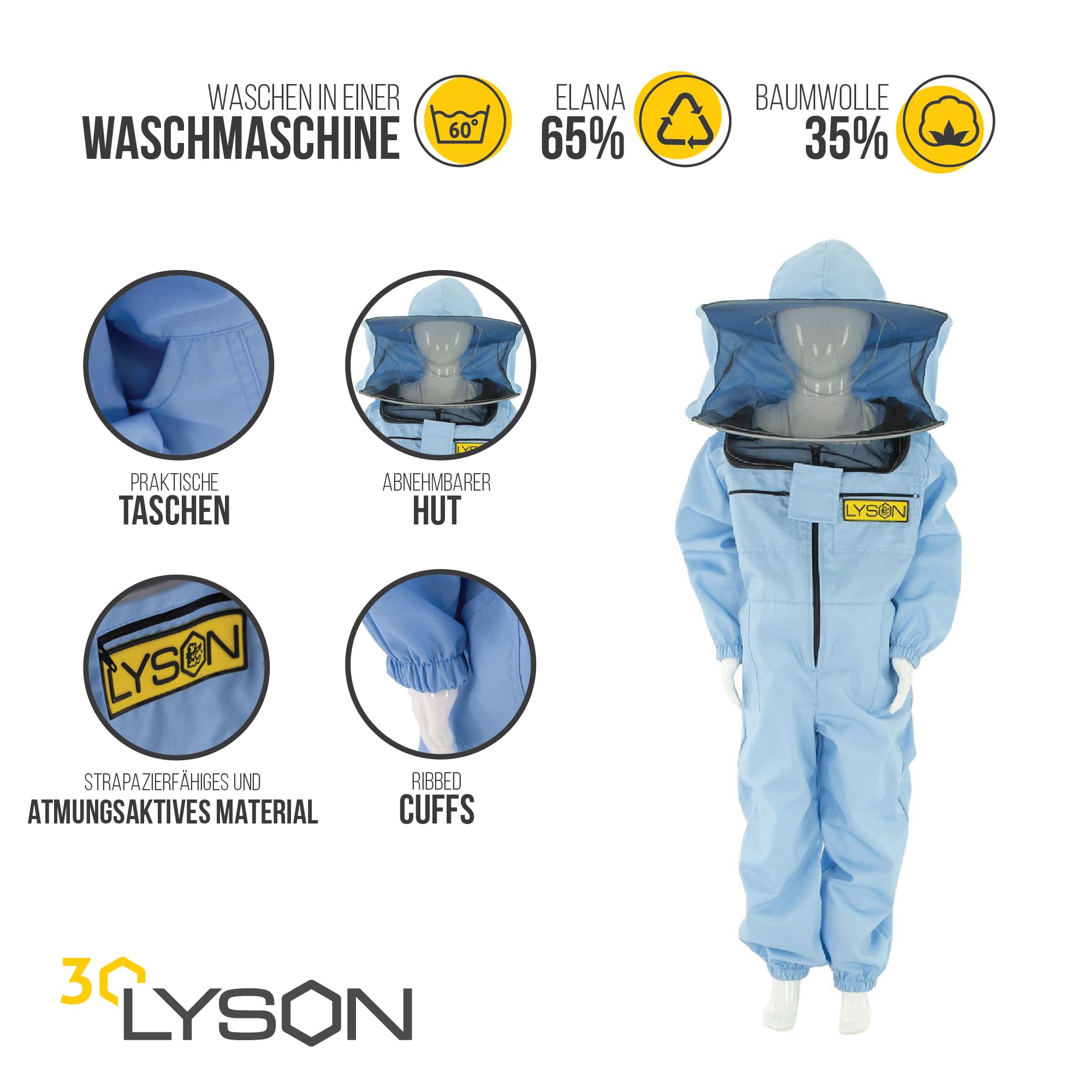 LYSON Kinderanzug mit abnehmbaren Hut Kinderoverall mit Schleier Kinderimkeranzug Schutzkleidung für Kinder, Imker Anzug Imkeranzug Schutz vor Bienen Blau Grösse 152