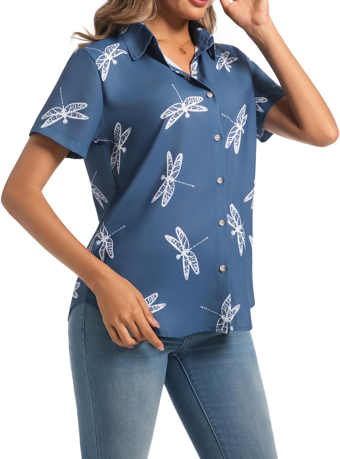 Womens Button Down Shirts Short Sleeve Summer Linen V Neck Collared Hawaiian Floral Print Cat Casual Blouse Tops - Image 5