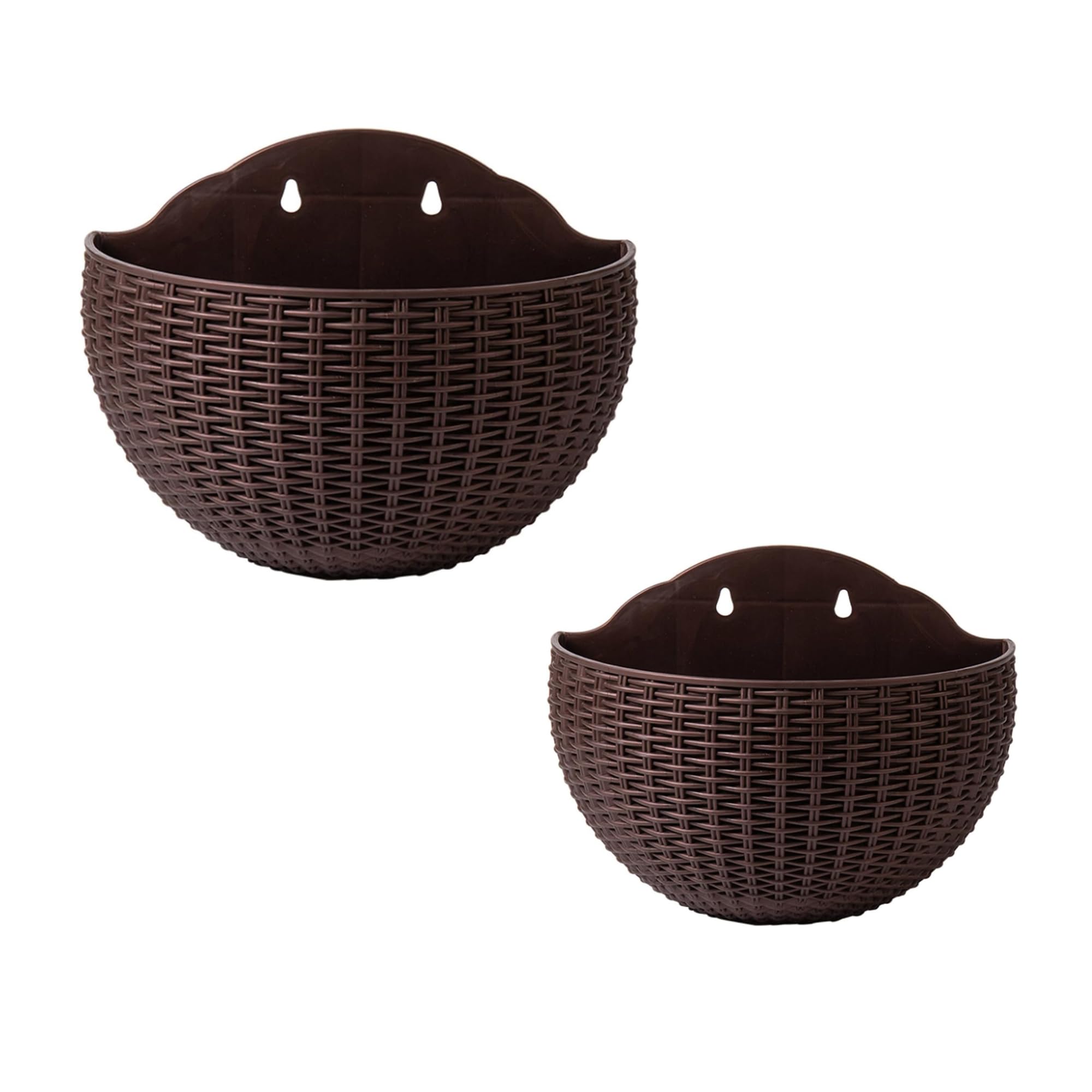 Lot de 2 pots de fleurs semi-ronds à suspendre au mur, demi-ronds pour décoration, paniers en plastique imitation rotin avec crochets, drainage, pour maison, bureau, balcon, clôture (marron)
