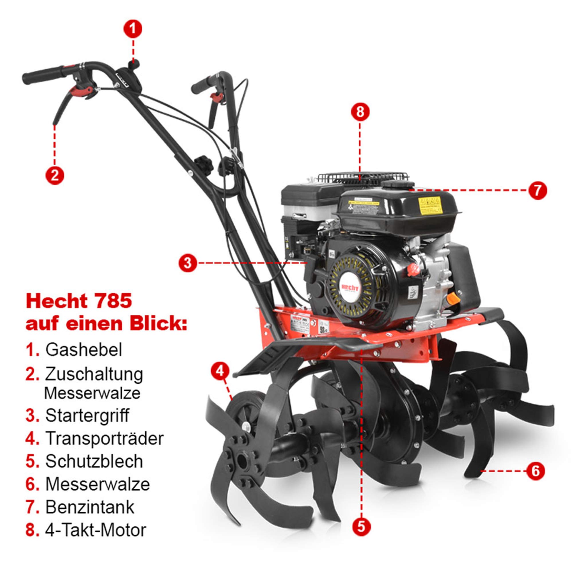 HECHT Benzin Motorhacke 6,5 PS 4,5 kW 32-84 cm Arbeitsbreite | 4-Takt-Motor, 24 robuste Messer, bis 32 cm tief, Garten umgraben und Boden auflockern, Gartenfräse und Bodenfräse