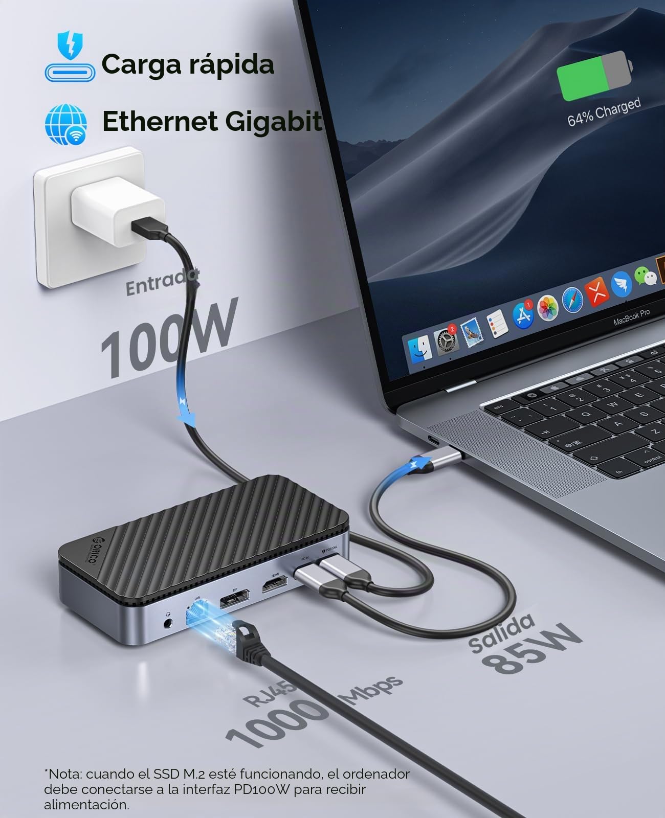 ORICO 11-en-1 USB C-Hub con carcasa SSD M.2, estación de acoplamiento con ventilador, HDMI, DP, Gigabit Ethernet, 100W PD, SD/TF, audio/micrófono, 10 Gbps y 2 x 5 Gbps