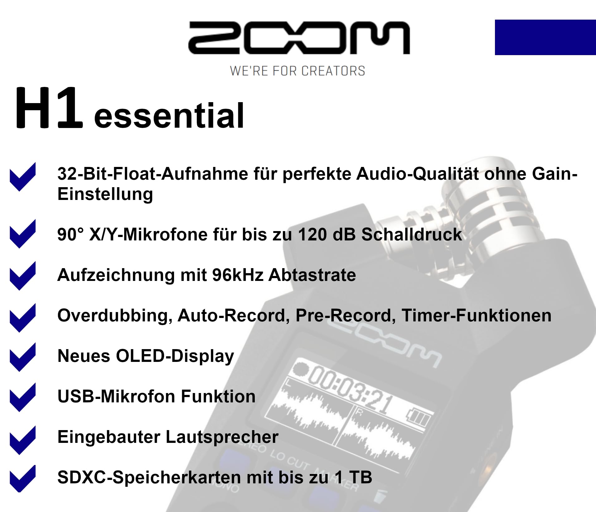 ZOOM H1essential Handy Recorder – Tragbarer Audiorekorder mit 32-Bit-Float-Technologie für Musik, Podcast, Film & Content Creation – Schwarz