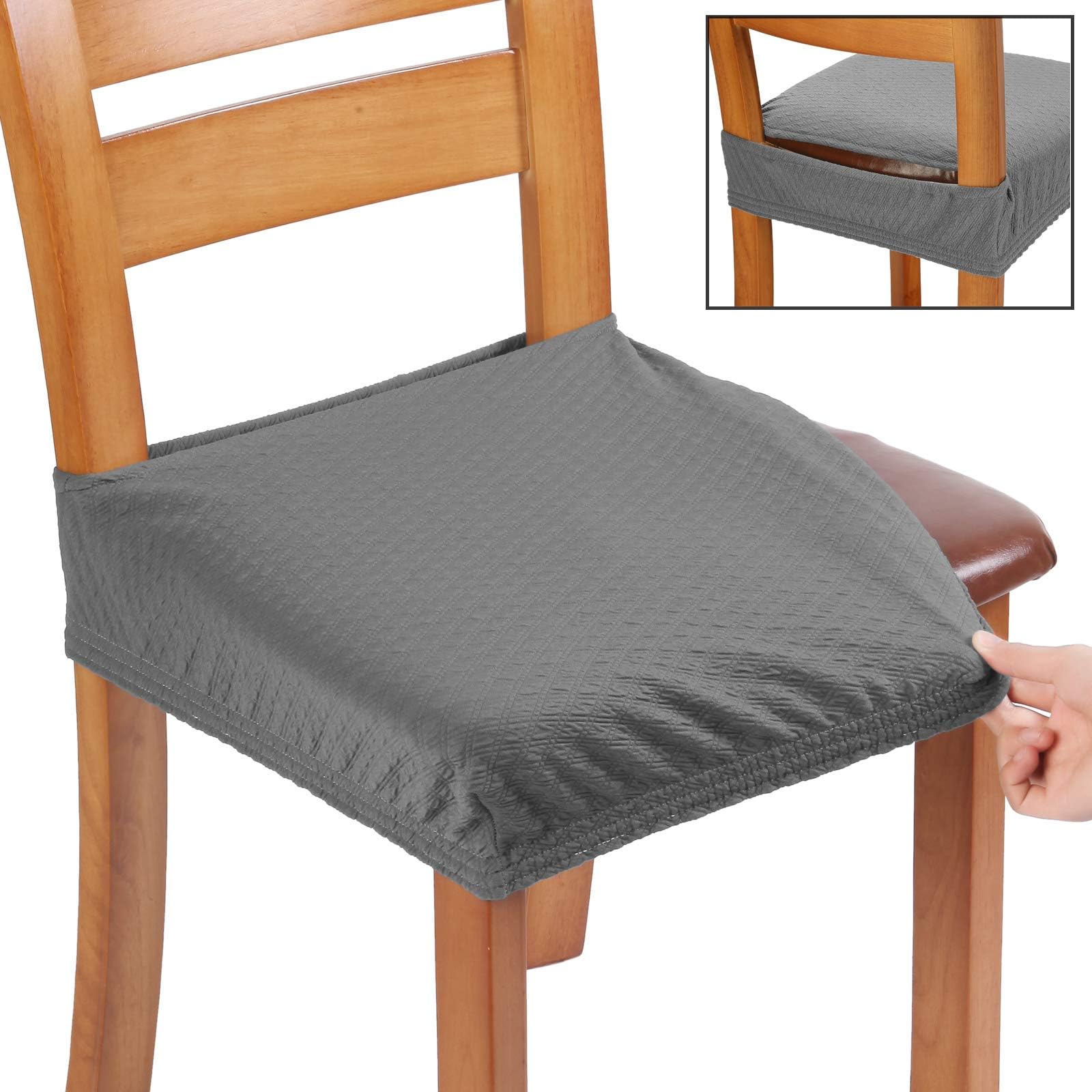 BUYUE Fast Installation Dining Room Chair Covers Set of 4, TPU not Mixed, Friendly Stretch Jacquard Seat Slipcovers for Kitchen Armless Chairs, Rear Gapped- Grey- 4