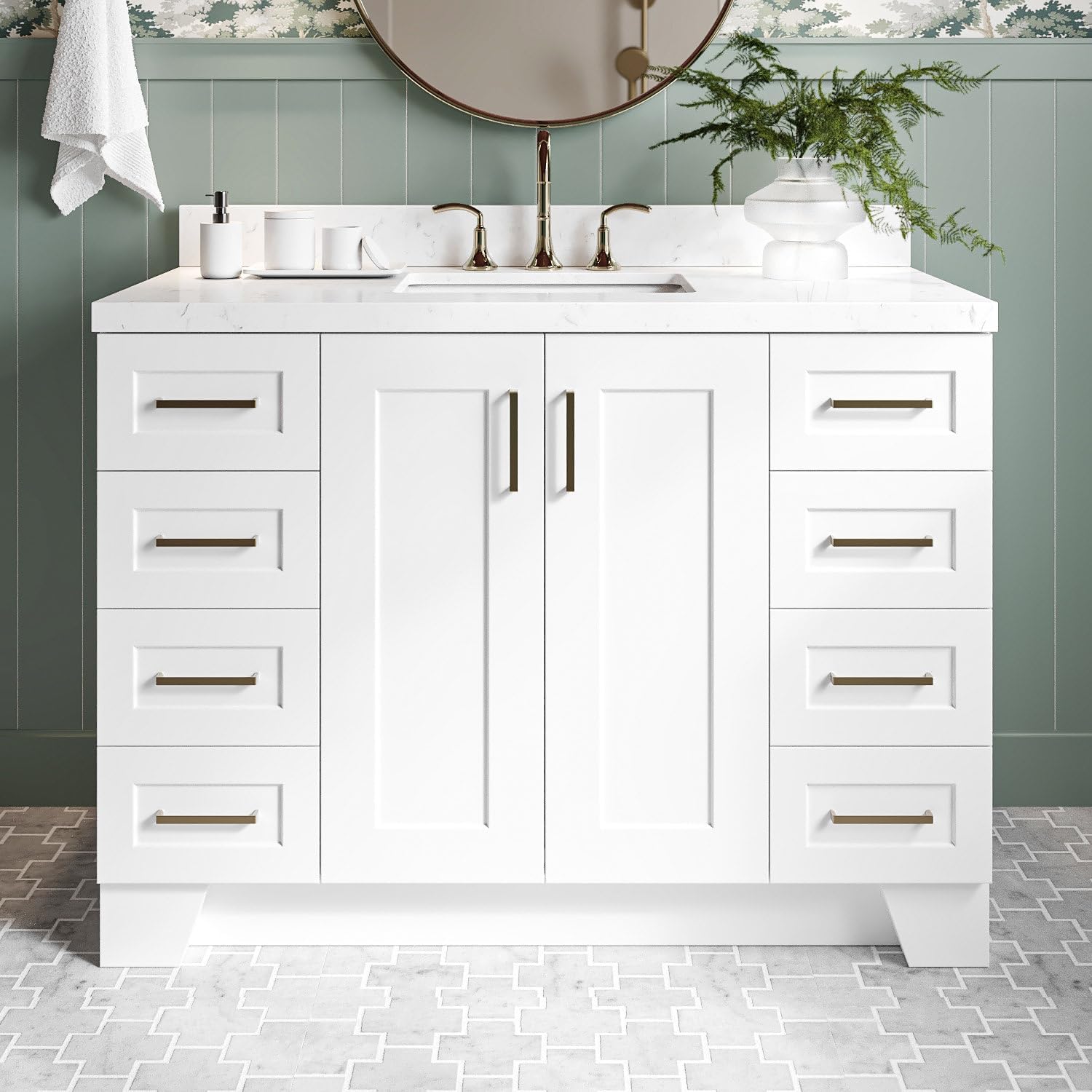 DKB Emilia 48-Inch Bathroom Vanity with Sink — White Single Sink Bathroom Vanity, 1.5" Edge Carrara Quartz Countertop, Solid Wood, 2 Soft Closing Doors, 9 Dovetail Drawers