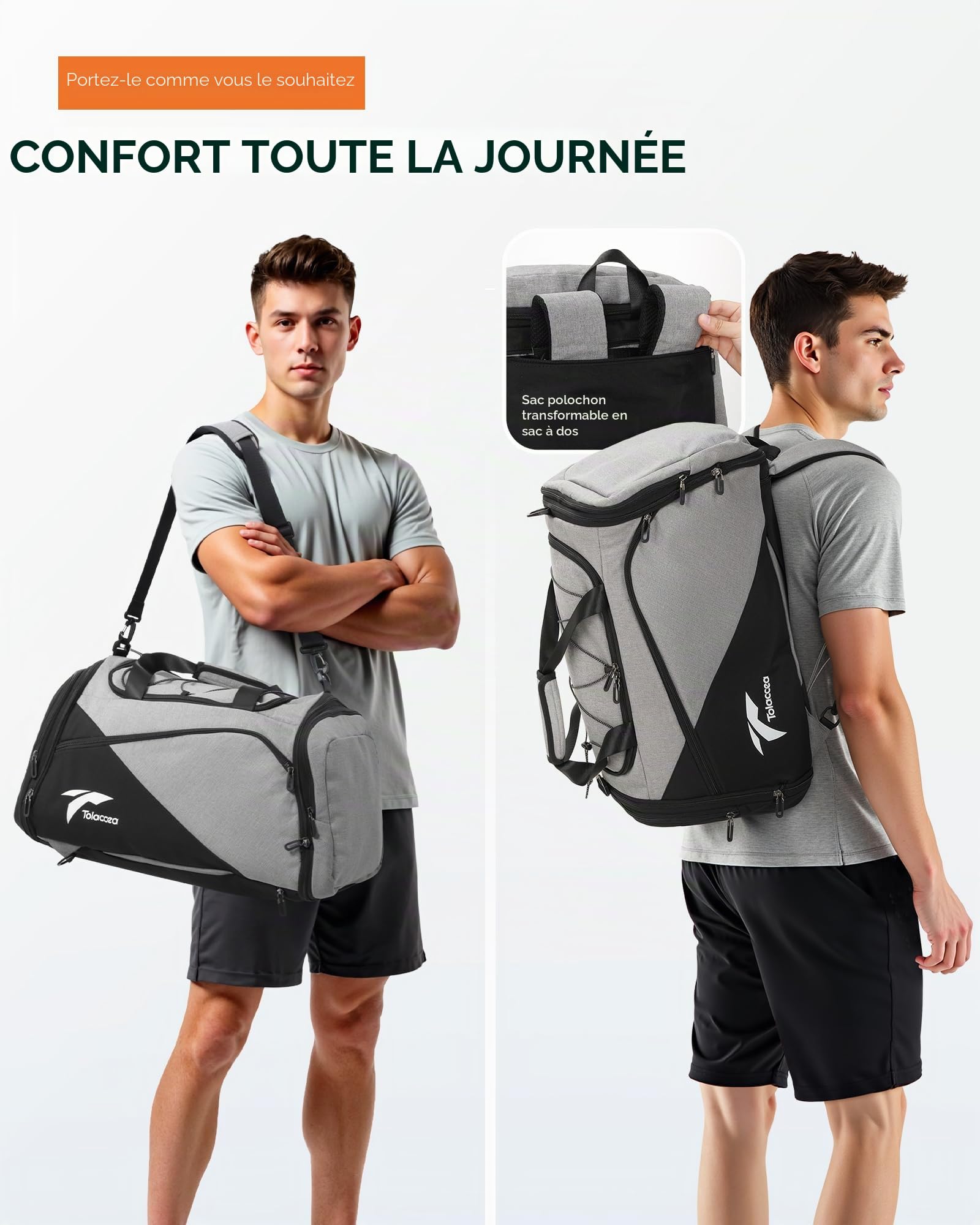Tolaccea Sac de Sport pour Homme et Femme - 45 à 63 l - Extensible - Grand Sac de Sport avec Compartiment à Chaussures - Compartiment Humide pour Ordinateur Portable