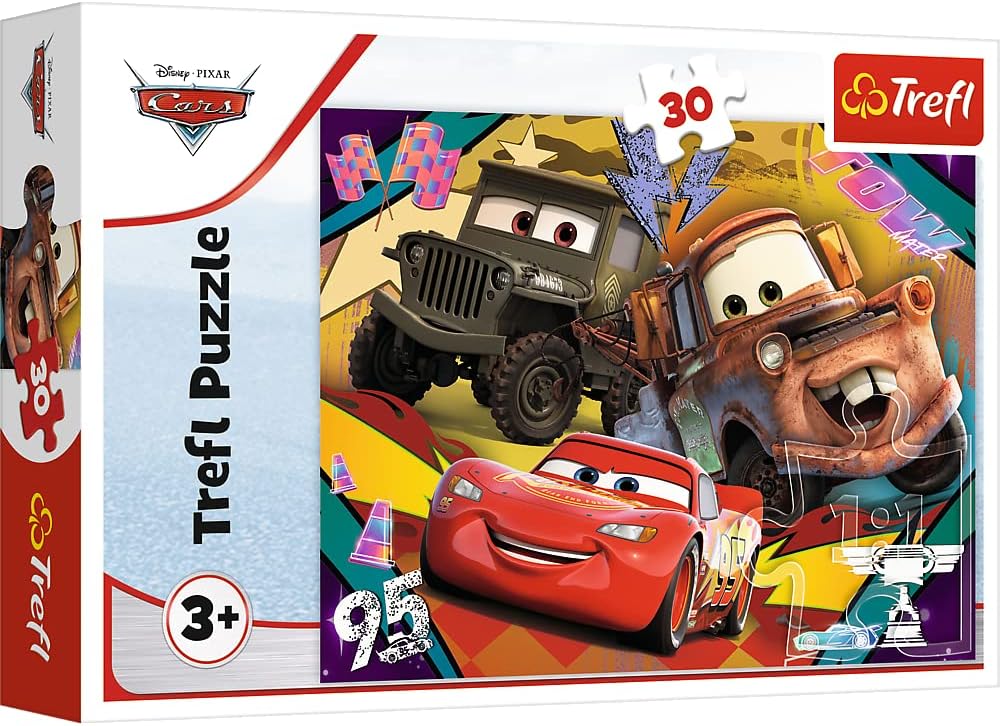 Trefl 18293 Disney masal karakterleri, yaratıcı eğlence, 3 yaşındaki çocuklar için eğlence, arabalar, hız yapan arabalarla 30 parçalı renkli yapboz