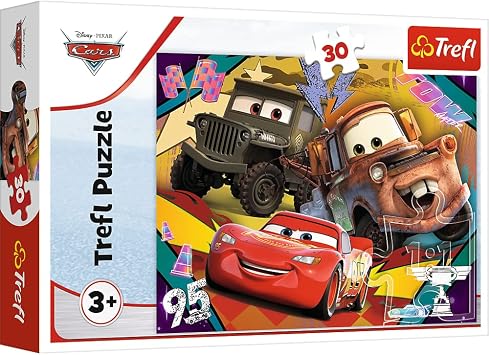 Trefl 18293 Disney fairy tale characters, creative entertainment, entertainment for 3-year-olds, cars, 30-piece colorful puzzle with speeding cars