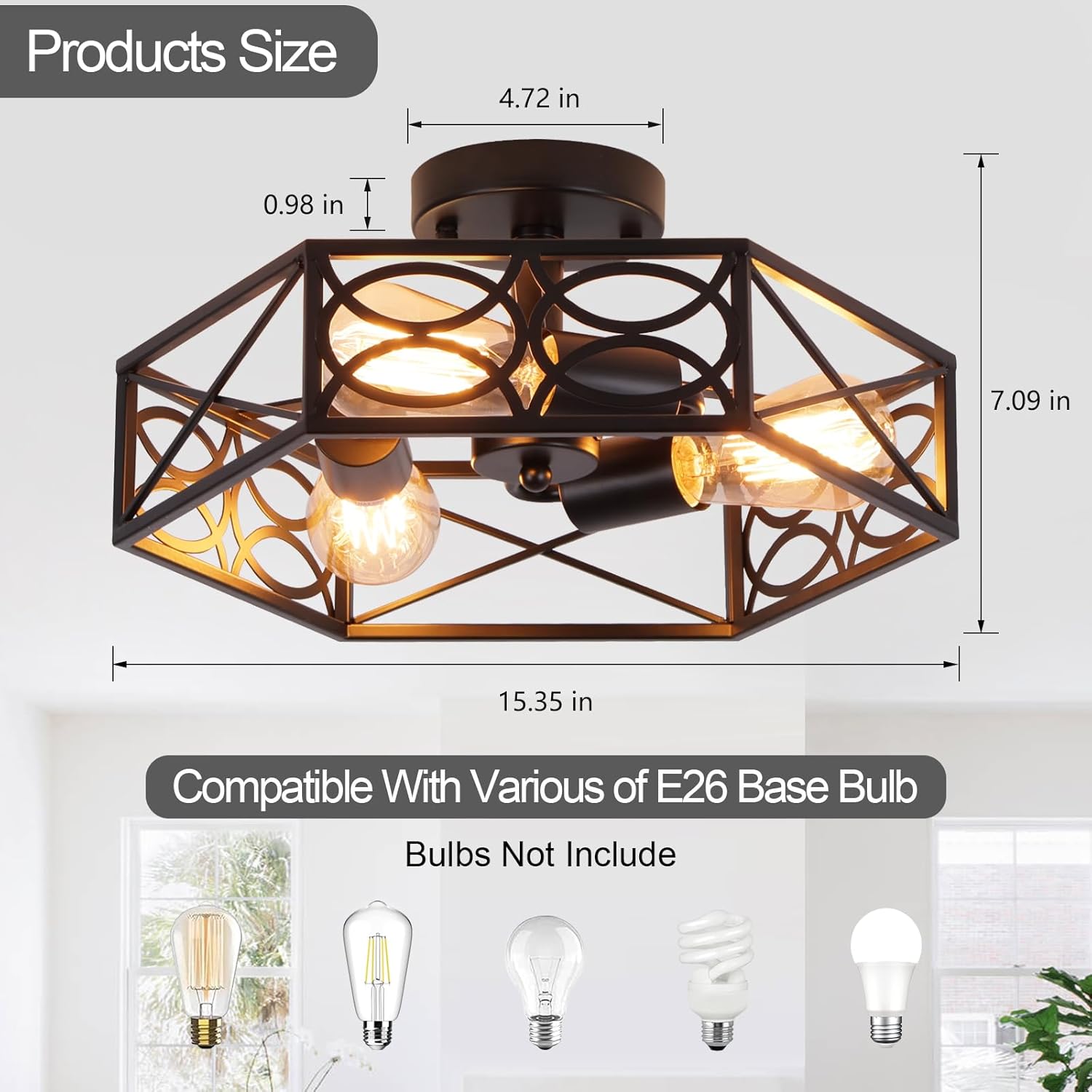Modern Black Semi Flush Mount Ceiling Light Fixture, Industrial Close to Ceiling Light with Metal Hexagon Cage, Vintage Farmhouse 3-Light Ceiling Lamp for Kitchen, Hallway, Bathroom