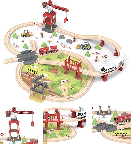 Juego de 104 trenes de madera para niños pequeños, trenes magnéticos con pista para niños de 3 a 6 años, compatible con las principales marcas,