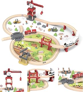 JugueteLand 104 Pcs Wooden Train Set for Toddlers, Magnetic Trains with Track for Kids Ages 3-6, Compatiable with Major Brands, Construction Railway Playset Gifts for Boys and Girls Ages 3+