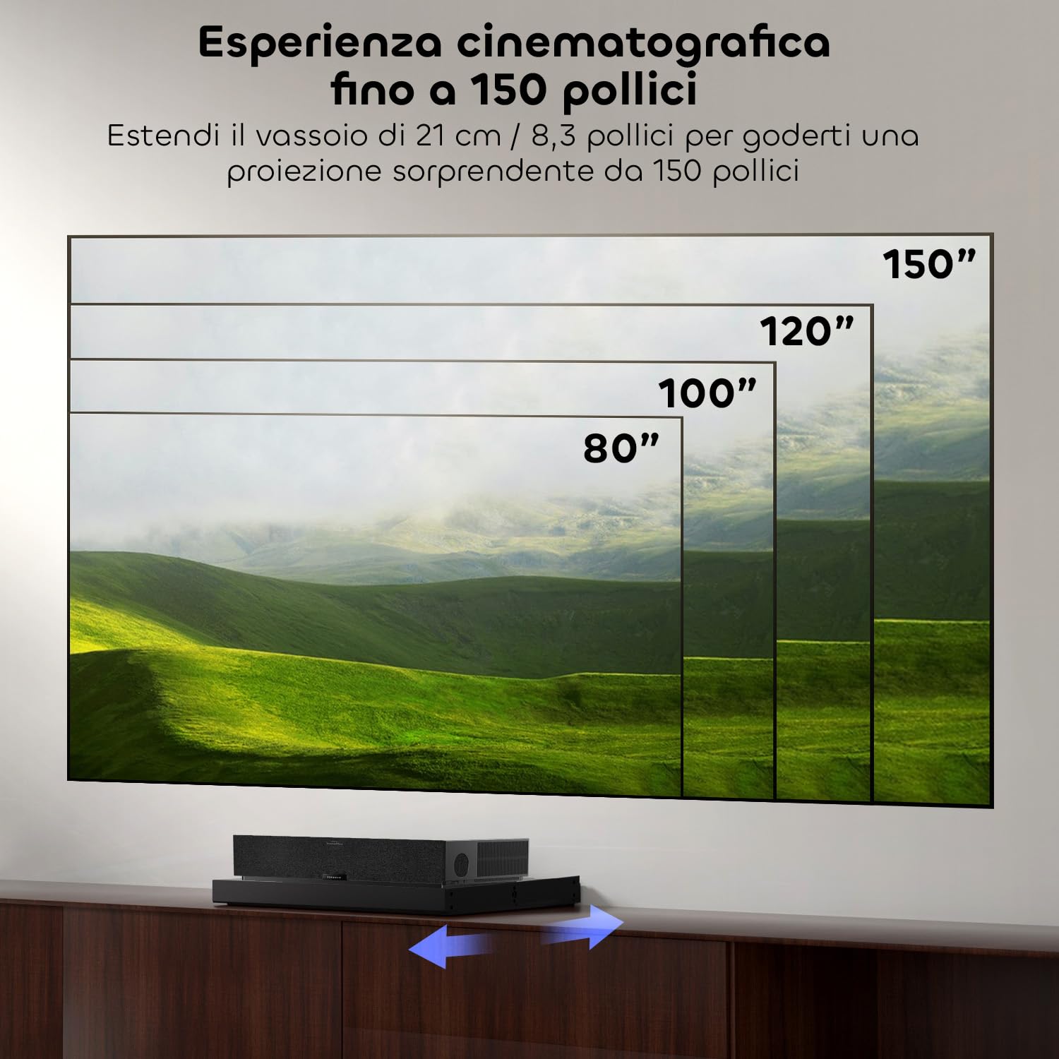 Vassoio Scorrevole Motorizzato per Proiettori Ultra-Corto Raggio, Estensibile 80"-150", Telescopico a Rientro Automatico, Sincronizzazione Intelligente con la Potenza del UST Laser TV