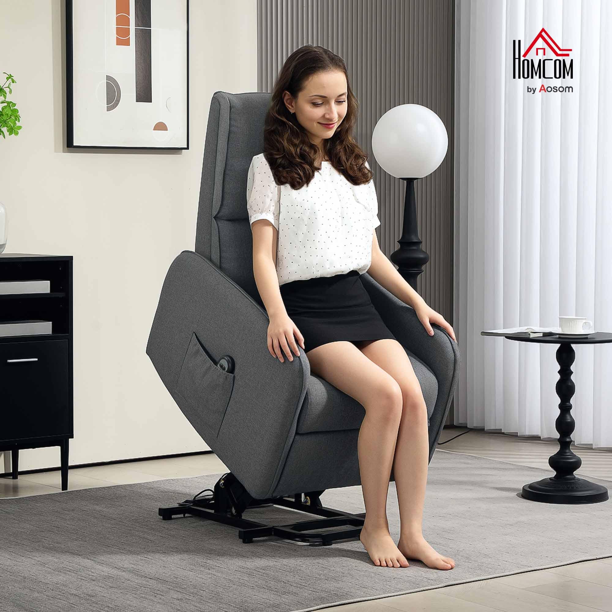 HOMCOM Poltrona Elettrica Alzapersona Reclinabile 135°, Poltrona Relax Elettrica in Tessuto Effetto Lino con Telecomando, Poggiapiedi e Tasca Laterale per Soggiorno e Camera da Letto, Grigio Carbone