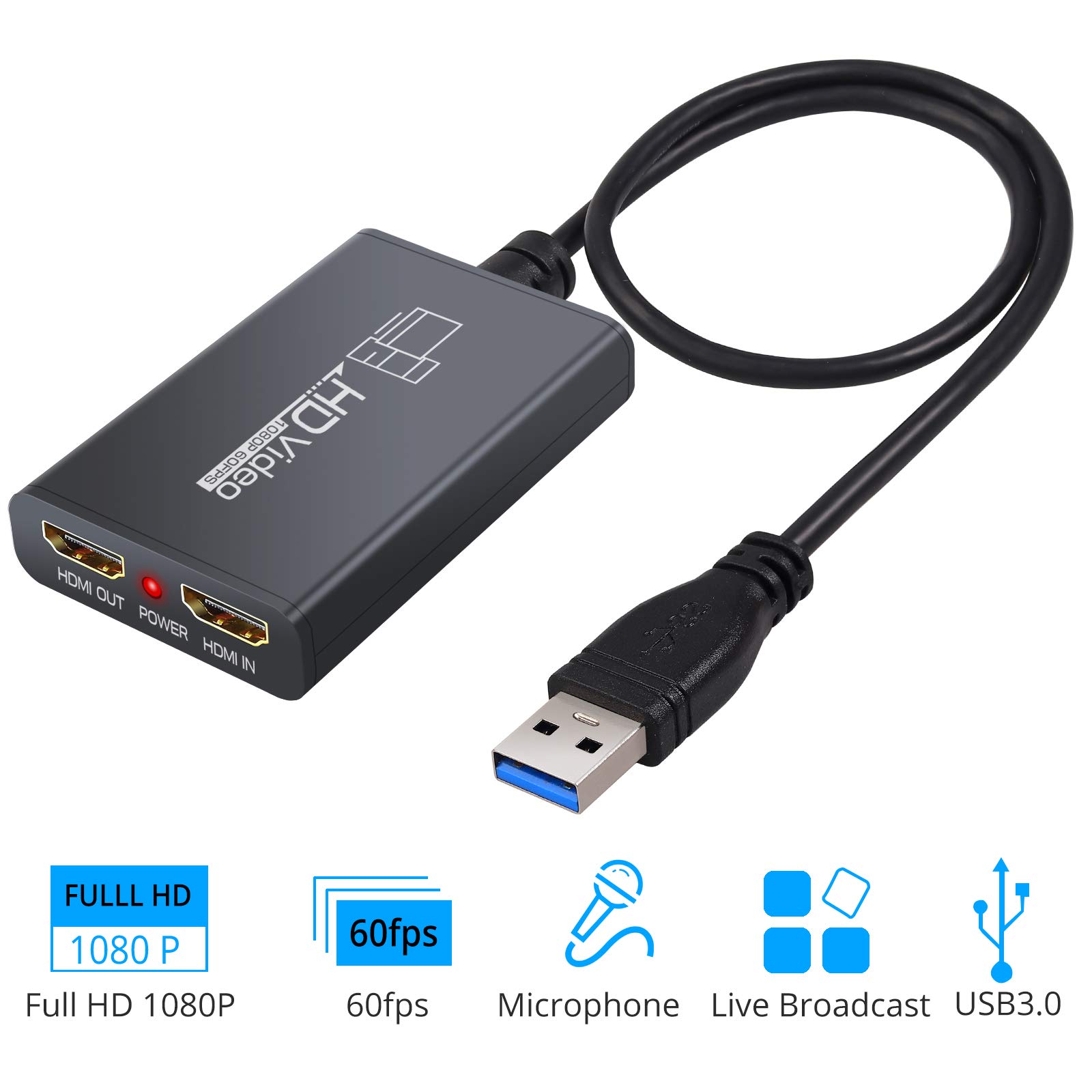 eSynic Scheda di acquisizione video da HDMI a USB 3.0, dispositivo di streaming 1080p 60 fps con loop-out e ingresso microfono, cattura giochi a latenza zero per PS4/Xbox/Switch/OBS | compatibile con