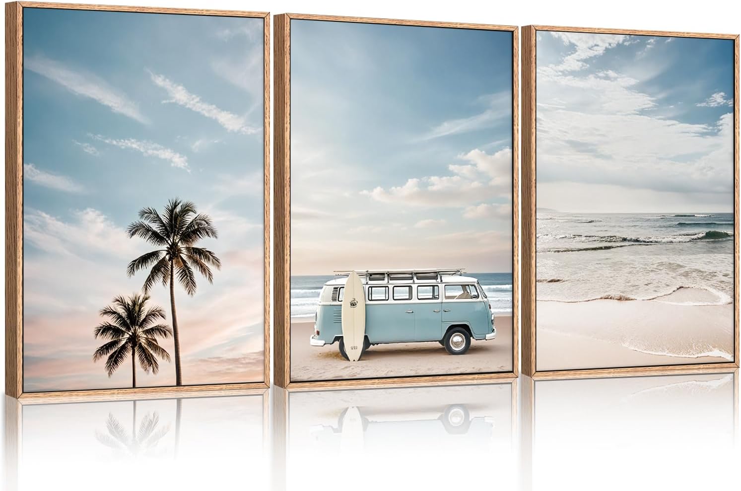Ausril Large Ocean Beach Framed Canvas Wall Art Set, Bus and Palm Tree Wall Decor, Coastal Beach Surfboard Wall Painting, Modern Seaside Art Prints for Living Room, Bedroom, Dining Room - 24x36x3