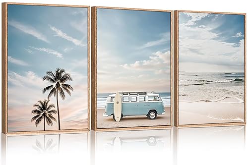 Ausril Large Ocean Beach Framed Canvas Wall Art Set, Bus