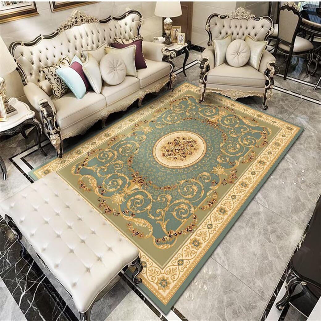 Tapis doux salon bleu au tissage poil court et motif floral vintage pour descente de lit