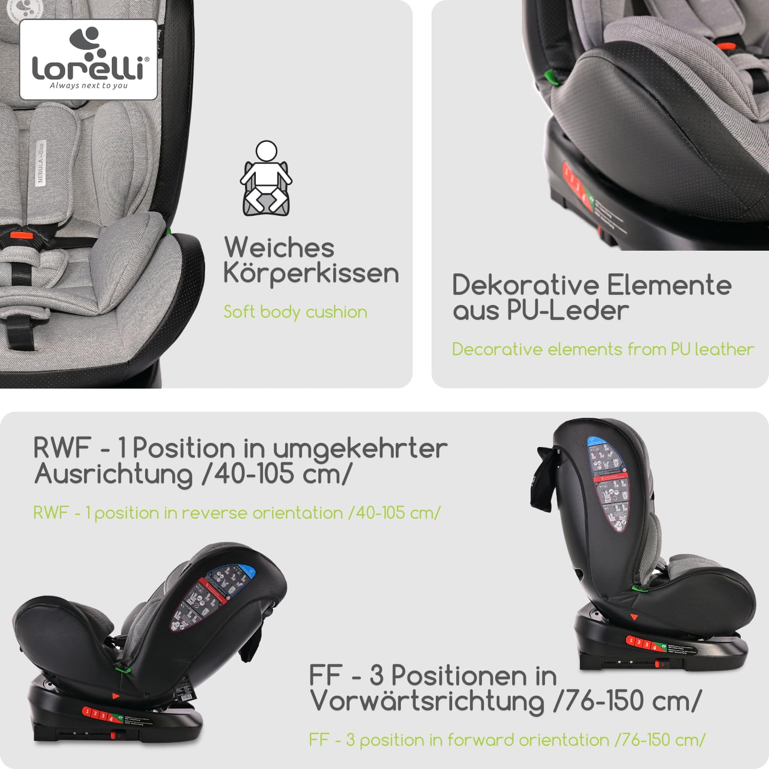 Lorelli Auto Kindersitz Nebula mit Isofix, 360 Grad drehbar, (0-36 kg) Mitwachsender Autositz i-Size 40-150cm - Gruppe 0+/1/2/3, Babysitz ab Geburt, 5-Punkt-Gurt, Einstellbare Kopfstütze, grau