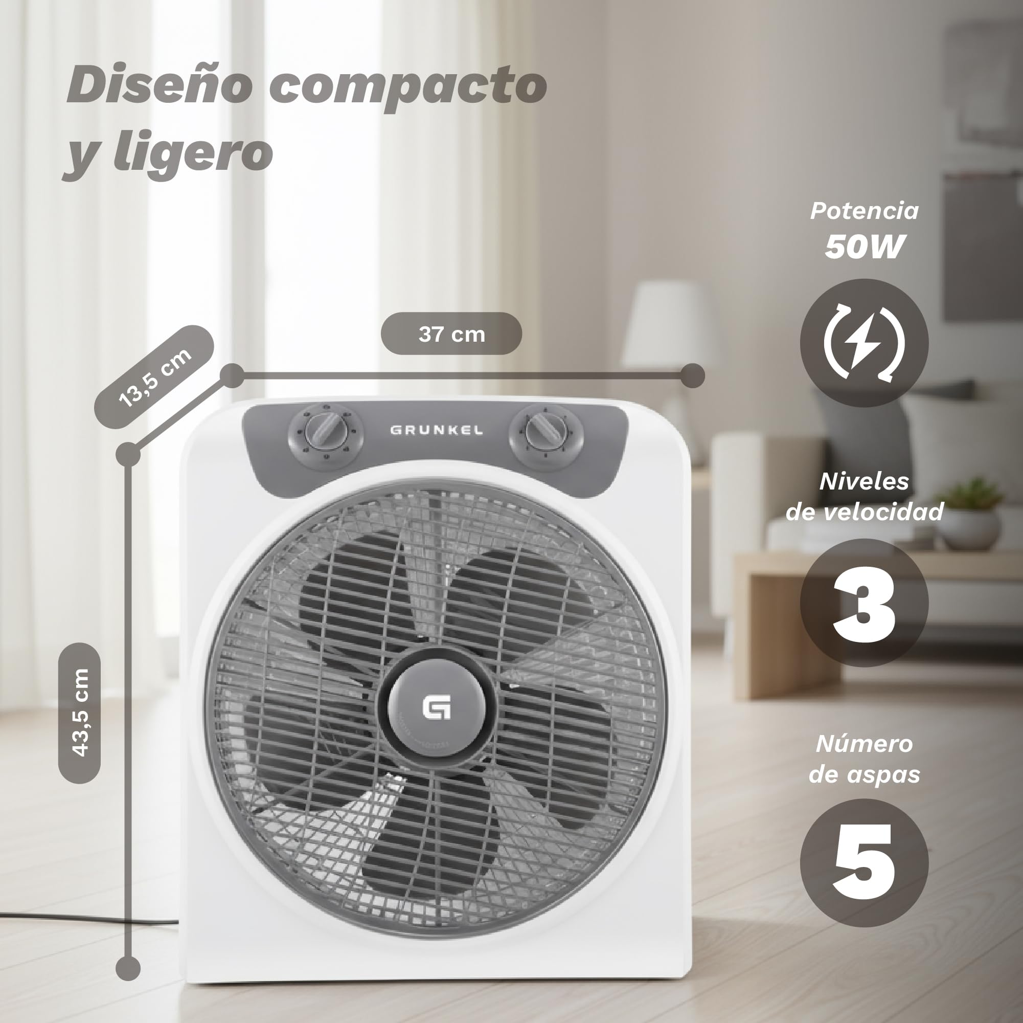 Grunkel - Box FAN - Vemtilatore da pavimento potente e leggero, diametro delle pale, 30 cm, funzione oscillazione, timer da 60 minuti, 3 velocità - 50 W
