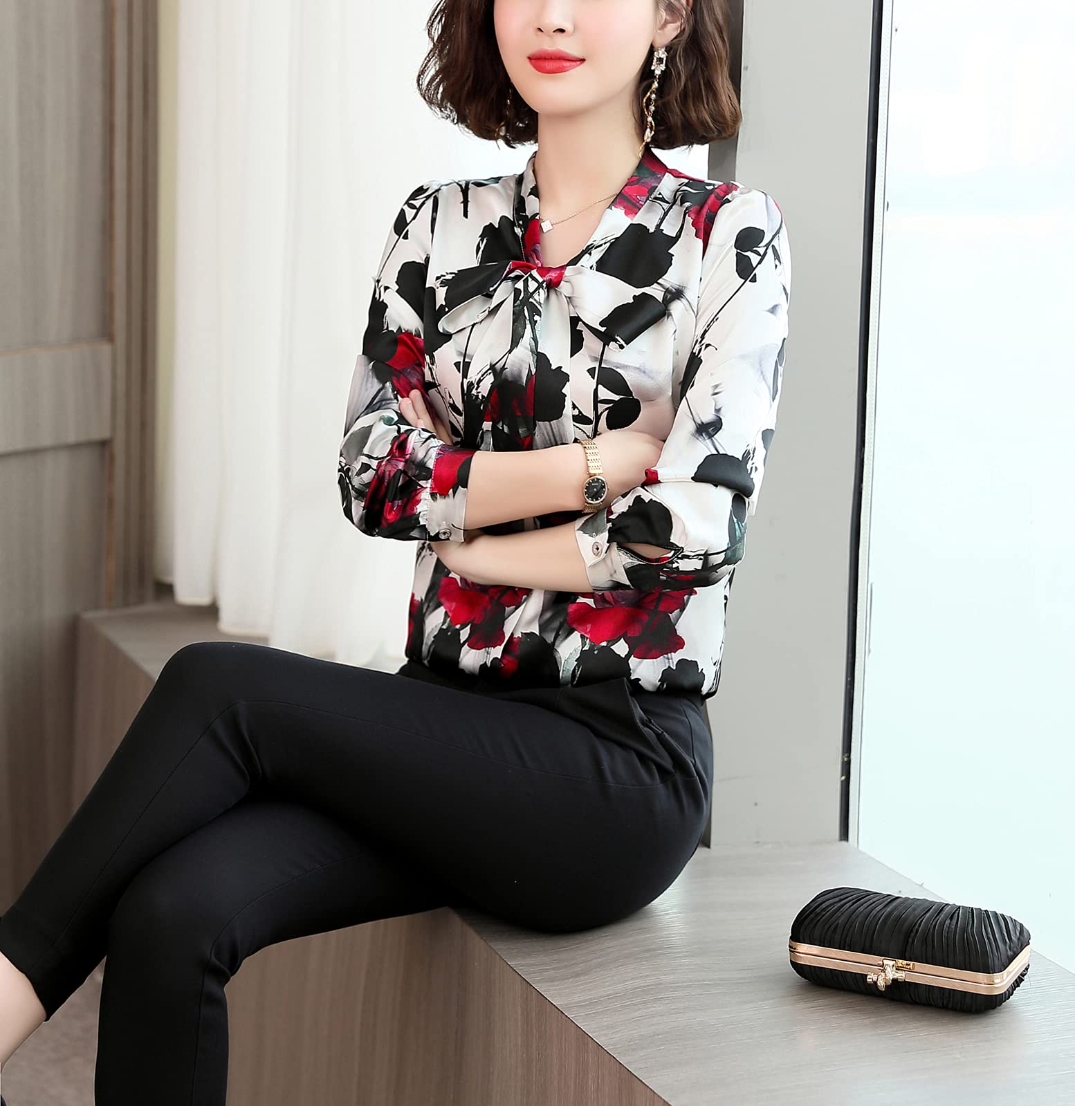 E-girl Blusa de seda para mujer con estampado de botones camisas blusa de manga larga corbata blusa de seda S1912-1