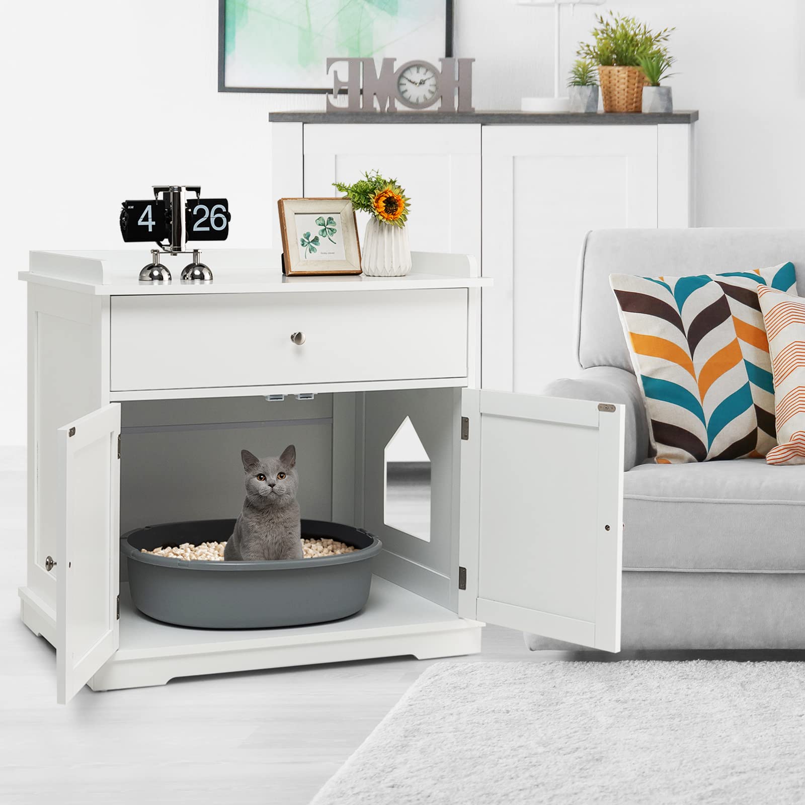 GYMAX Katzenklo Schrank, Katzenschrank für Katzentoilette, Katzenhaus versteckt mit Seiteneingang, Schublade & 2 magnetischen Türen, Katzenmöbel XL für große Katzen, 76 x 53 x 74 cm (Weiß)