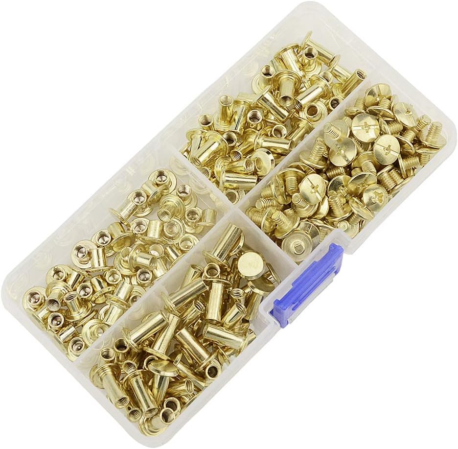 XINGYHENG 240PCS(120 Set) M5 3 Species Copper Plated Stainless Flat Head Rivet 1/4 3/8 1/2in Hollow Binding Screws T-Shape Round Docking Rivet Kit for Scrapbook Album Binding and Leather Repair