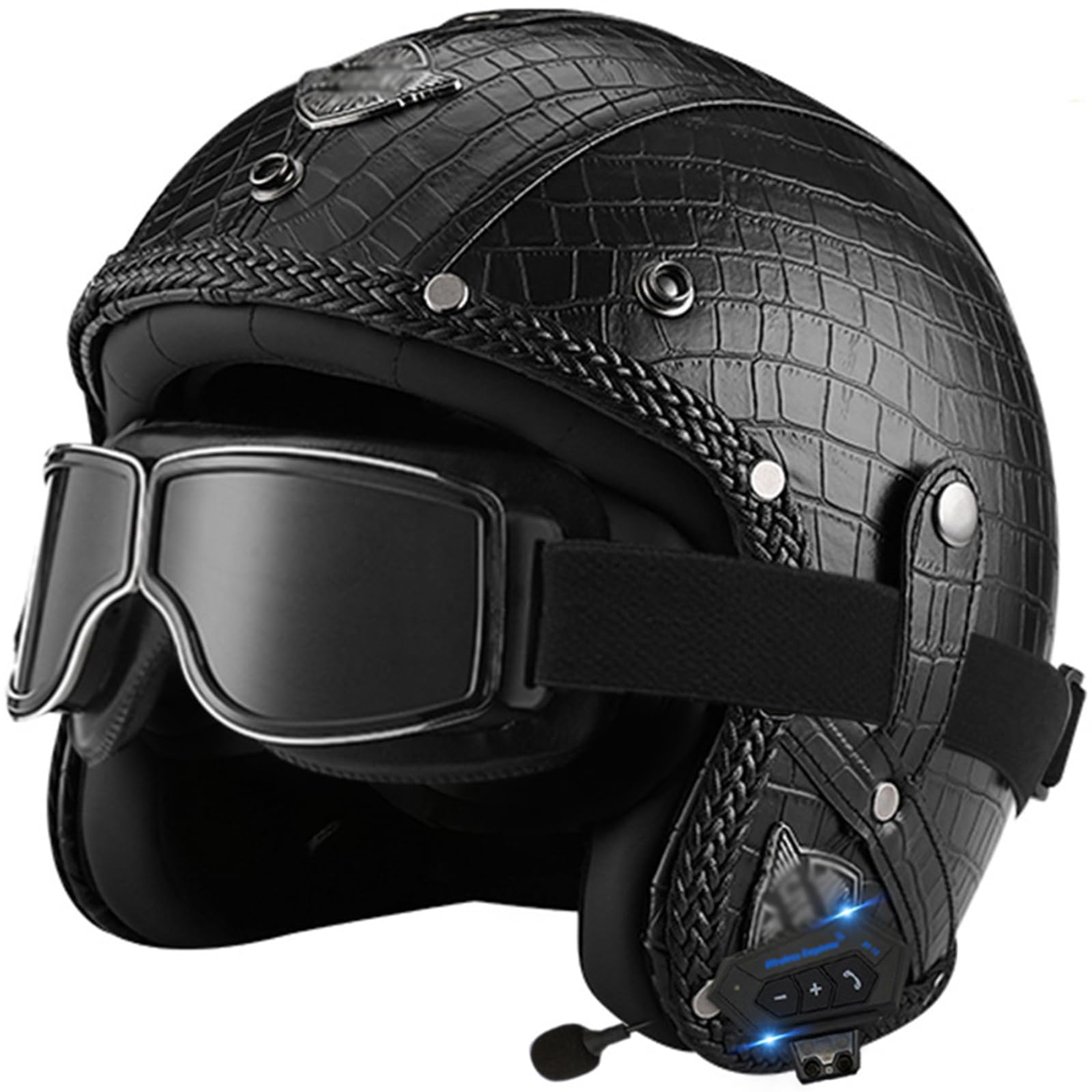 Motorcycle Helmets, Open Face Jet Bluetooth Helmet PU Leather Vintage Harley Motorbike Crash Half Helmet for Scooter Moped Skateboard Chopper Cruiser with Goggle for Adult Men Women