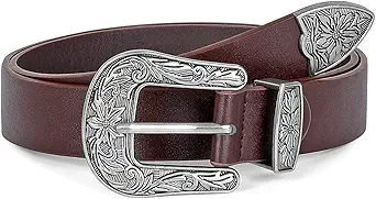 SANSTHS Western Belt For Women, Womens Cowboy Belt For Pants Jeans With Vintage Floral Carved Design
