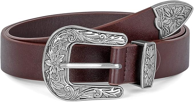 SANSTHS Western Belt For Women, Womens Cowboy Belt For Pants Jeans With Vintage Floral Carved Design
