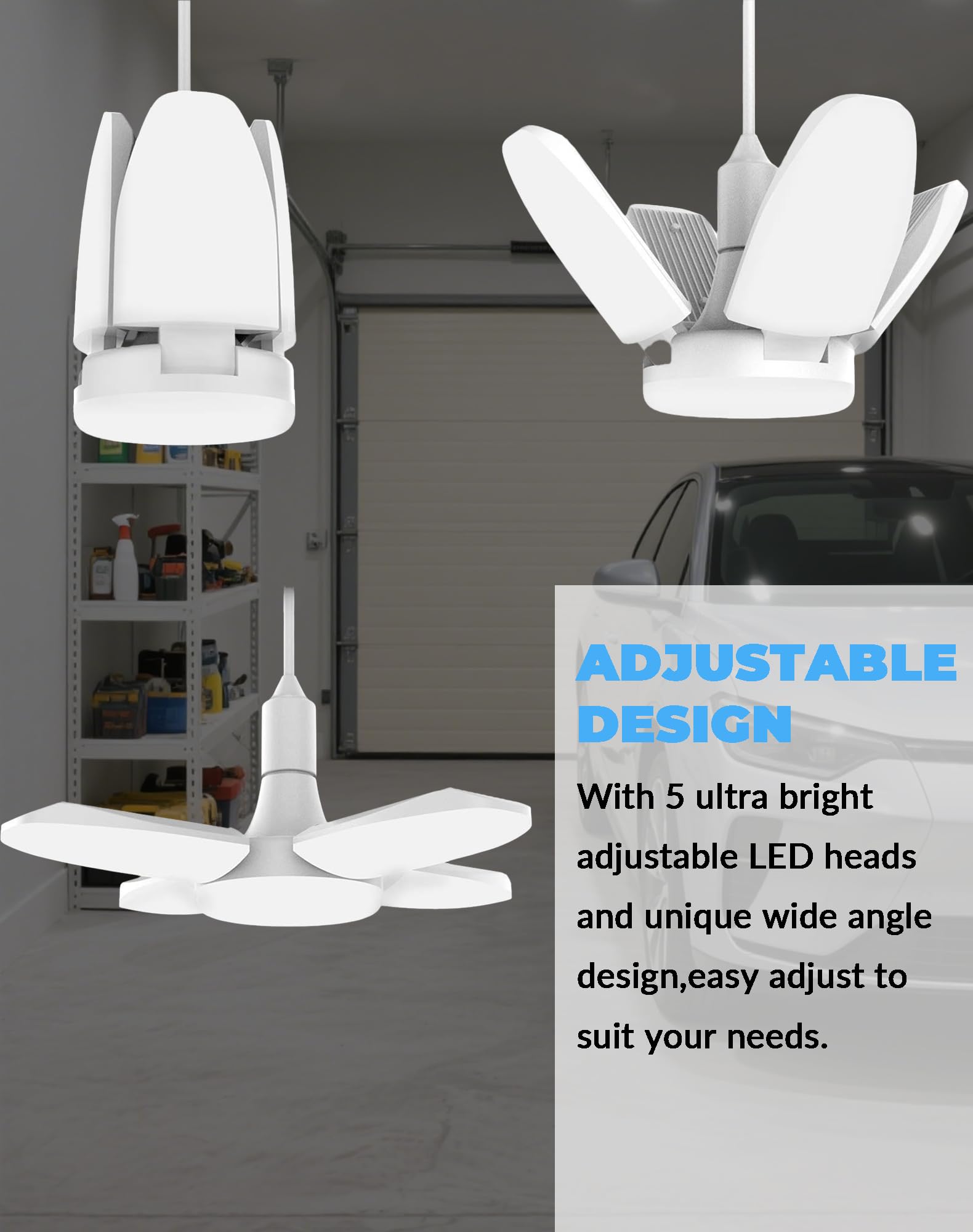 4 Pack LED Garage Lights 6000LM 60W Deformable Shop Light with 4 Adjustable Panels 6000K Garage Lights Ceiling — view 4