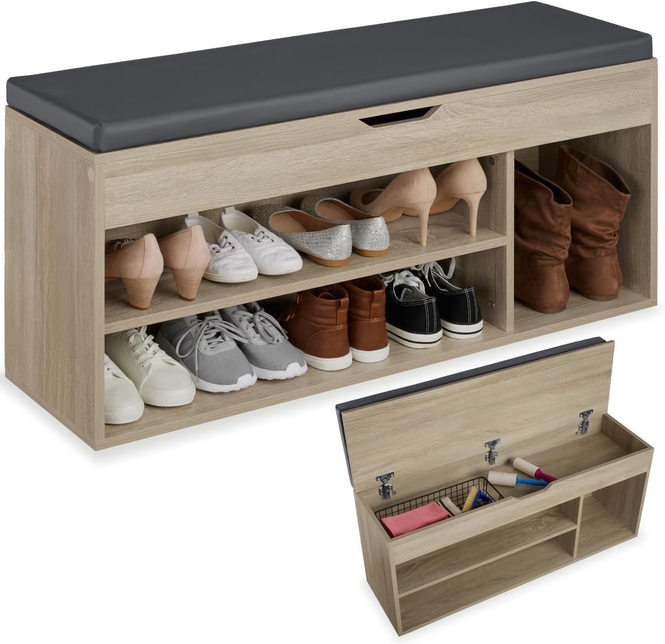 tectake® Sitzbank mit Stauraum, Schuhregal mit Sitzbank, 104 x 30 x 49 cm, Hocker mit Stauraum &amp; Schuhregal schmal, platzsparend, als Ablage, Dielen- &amp; Flurmöbel, Garderobe - Holz hell, Eiche Sonoma
