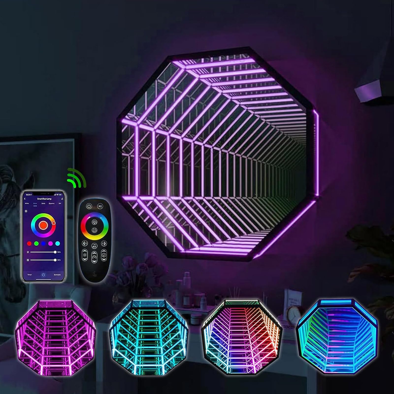 JJENXYYDS Remote Control LED Tunnel Lamp,Infinity Mirror Neon Sign Tunnel Light,RGB Octagon Night Light Suitable for Living Room Bedside Bar Background Wall,30cm/11.8in