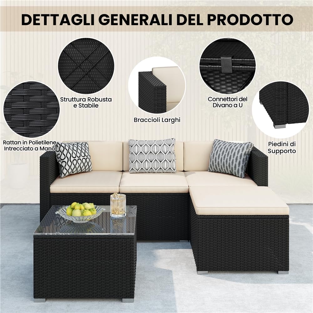Yaheetech 5 Pezzi Set Mobili da Giardino Rattan PE con Cuscini Tavolo Laterale Nero Beige