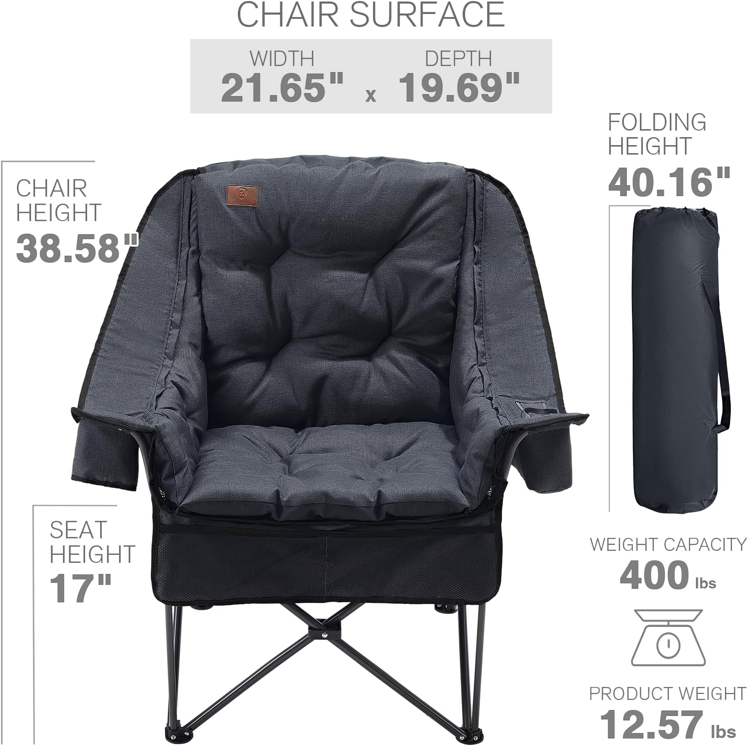 EVER ADVANCED XL Camping Chair with Detachable Cushion, Mesh Chair for Adults Foldable, Oversized Heavy Duty Folding Chair with Cooler Mesh Pocket Cupholder Outdoor Fishing, Supports 400LBS Black