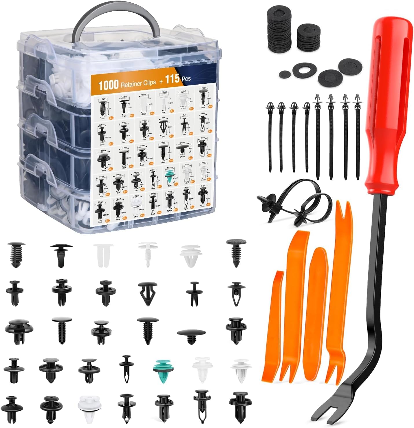 GOOACC 1115Pcs Car Push Retainer Clips &amp; Auto Fasteners Assortment-32 Most Popular Sizes Nylon Bumper Fender Rivets with 10 Cable Ties &amp;Fasteners Remover for GM Ford Toyota Honda Chrysler (Pack of 12)