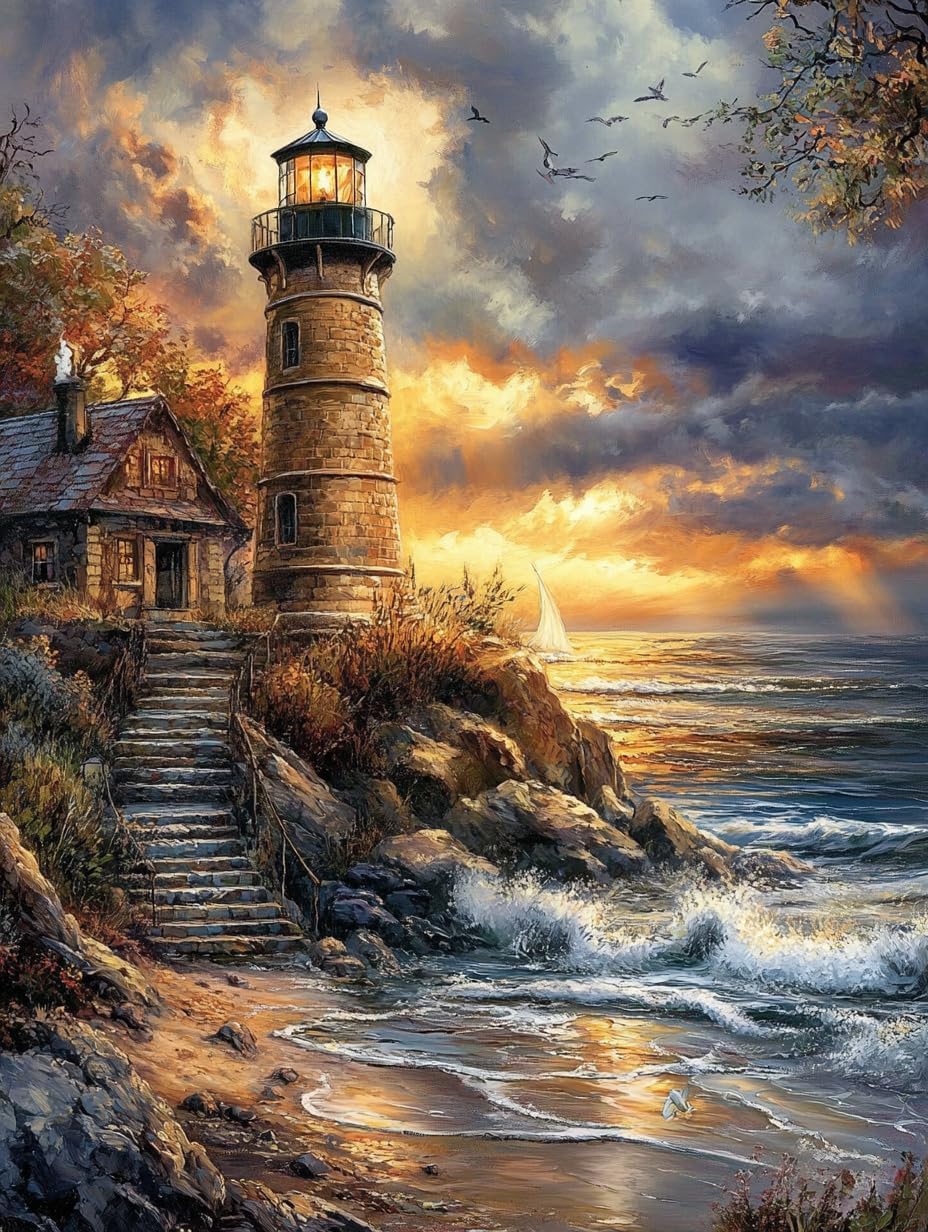 Beach Lighthouse Preprinted 11CT Cross Stitch Kits for Beginners & Adults - Easy Needlepoint Patterns for Home Decor & Craftings