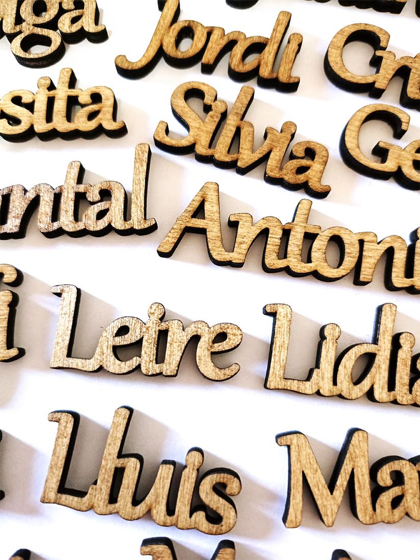 PACK Marcasitios de Madera Personalizados para Bodas, Comuniones, Bautizos, Cumpleaños, Imán Opcional, Mínimo 5 Unidades de Marcasitios