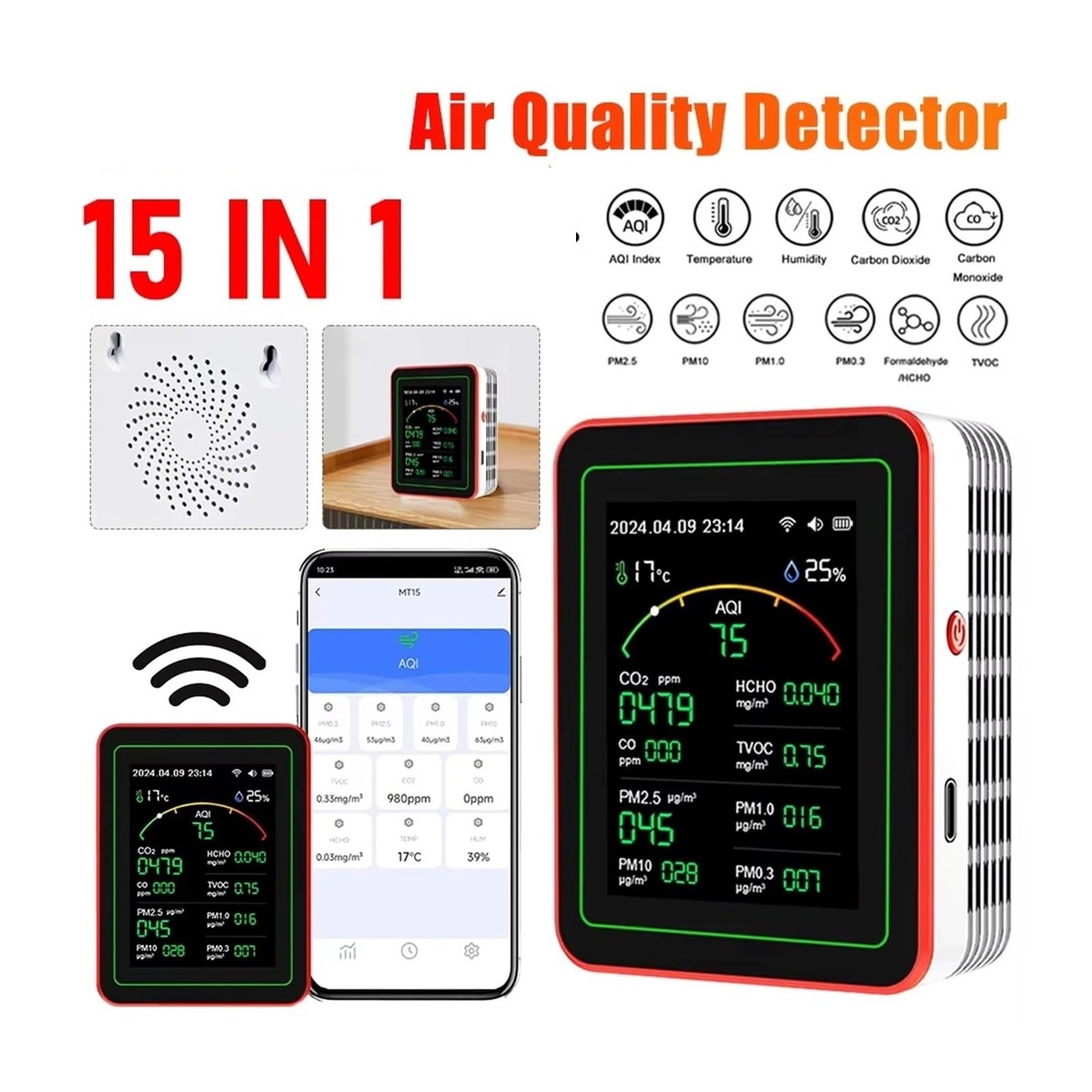 Air Quality Monitor, Rilevatore Di Qualità 'aria WiFi 15 In 1 CO CO2 PM0.3 PM1.0 PM2.5 PM10 Tester Portatile Misuratore Umidità A Temperatura(WHITE)