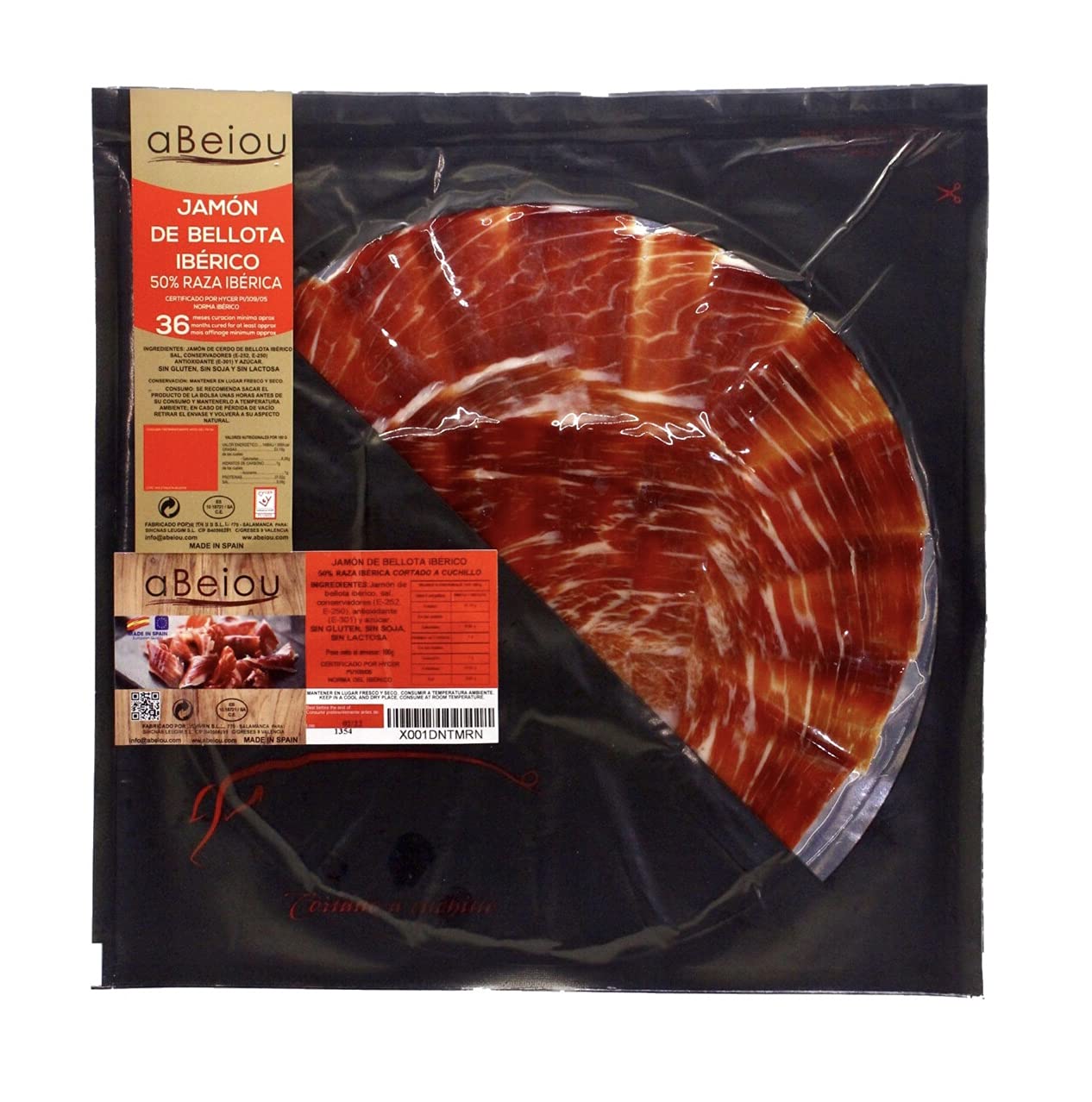 Jambon Ibérique nourri au gland de Bellota Coupé à la Main 100 g (1 assiette) — Affinage +36 Mois — Certifié Hycer — Jamón Ibérico de Bellota — Guijuelo Espagne — aBeiou